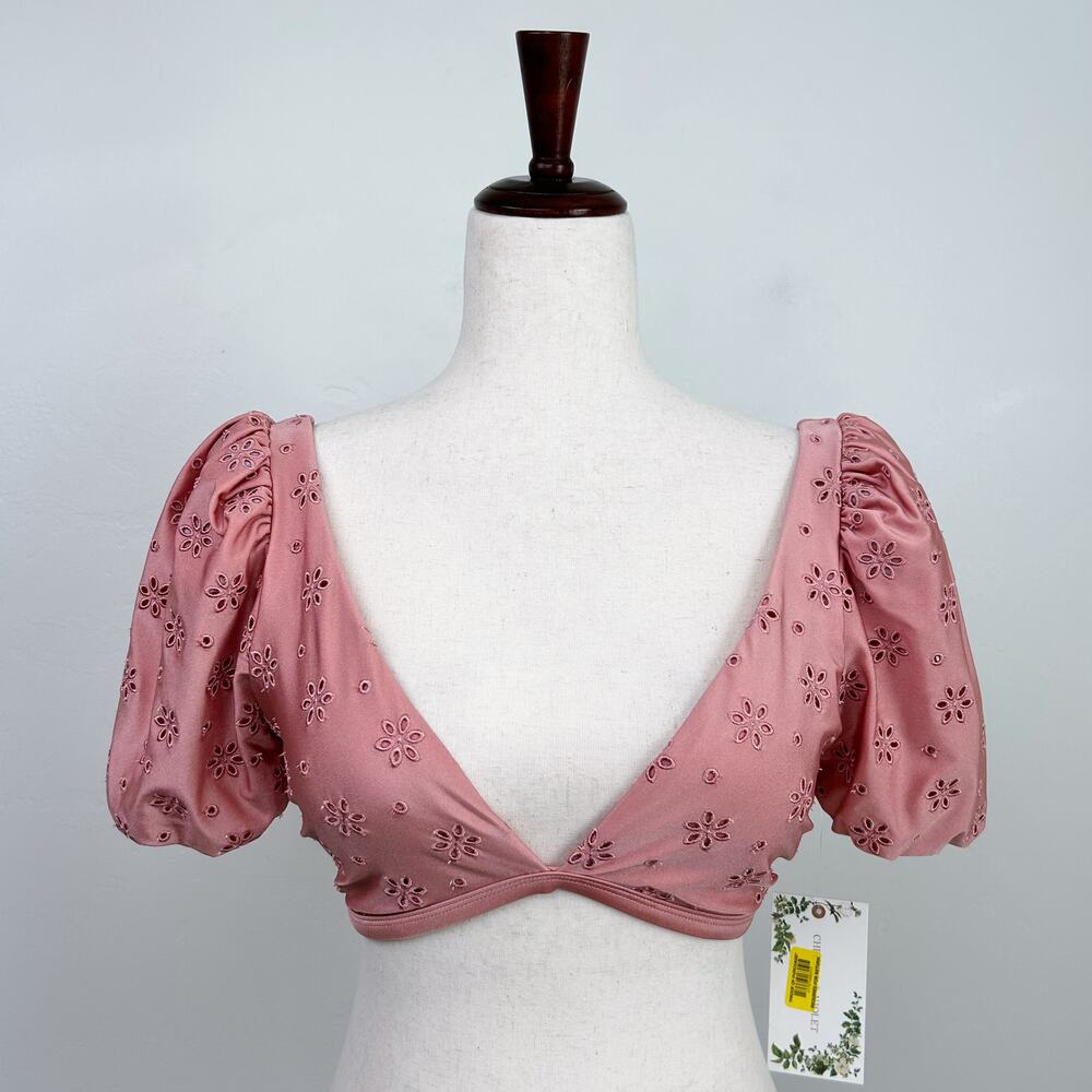 Chelsea & Violet Swim Pink Eyelet Waterproof Swim Padded Cropped Bikini Top NWT